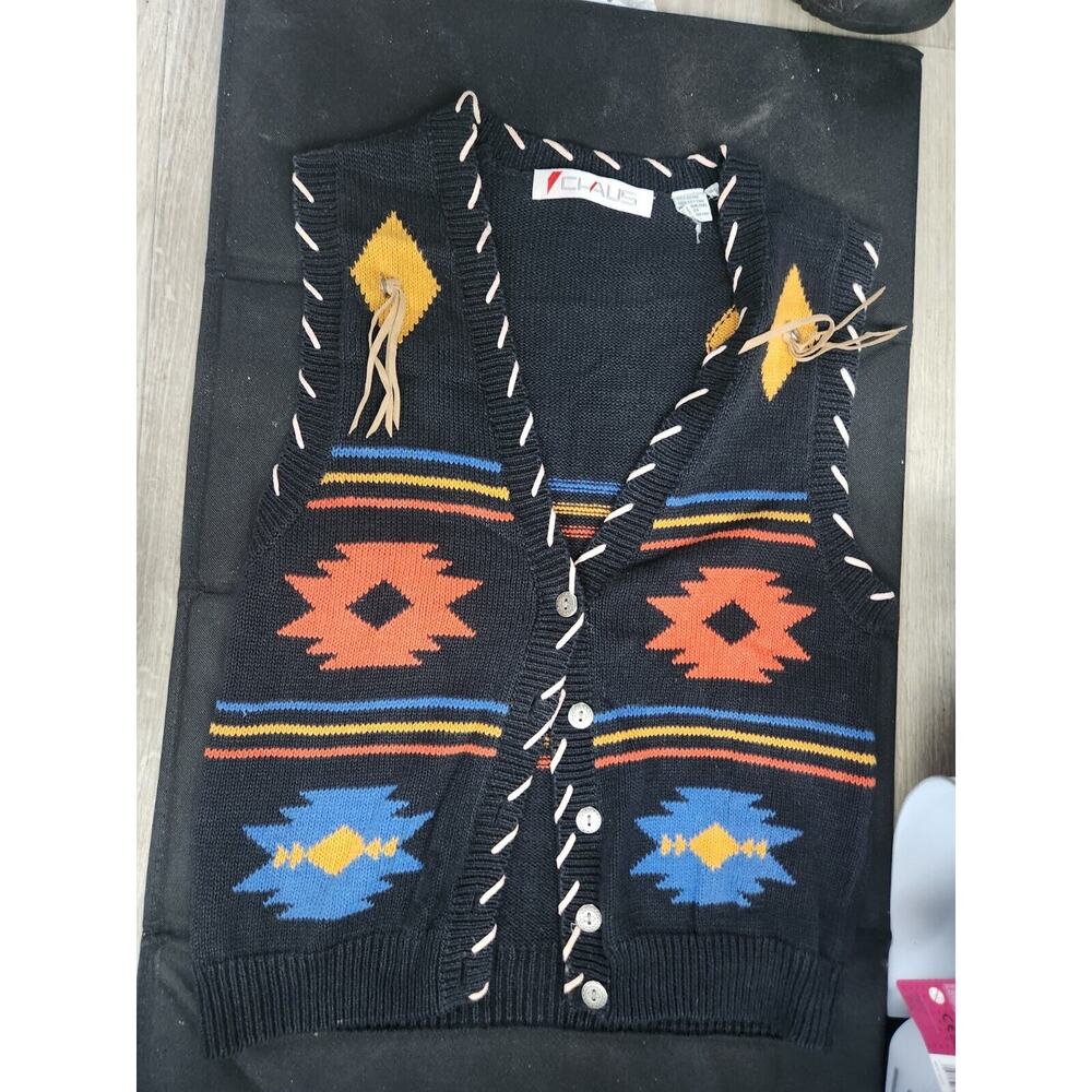 CHAUS Vest Women‎ S Black Aztec Tassel Vintage Button-Up Women's